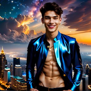 The Men of the Golden City is a collection of AI generated images of beautiful, glamorous, handsome guys in the heavens. The heavenly landscape evokes a sense of magnificence, the majestic gothic architecture, is detailed and crafted to create an atmosphere of reverence and divine glory. The mystical and galactic landscape highlights the golden city. The great detail of the city and the billowing clouds. A golden river flows from the city to the end of the galaxy. The vast galaxy almost covers the image. The stars and constellations sparkle in the galaxy. The city has massive, magnificent, majestic gothic architecture.