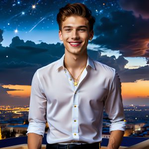 The Men of the Golden City is a collection of AI generated images of beautiful, glamorous, handsome guys in the heavens. The heavenly landscape evokes a sense of magnificence, the majestic gothic architecture, is detailed and crafted to create an atmosphere of reverence and divine glory. The mystical and galactic landscape highlights the golden city. The great detail of the city and the billowing clouds. A golden river flows from the city to the end of the galaxy. The vast galaxy almost covers the image. The stars and constellations sparkle in the galaxy. The city has massive, magnificent, majestic gothic architecture.