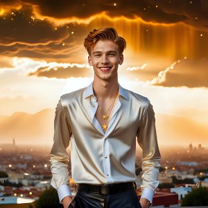 The Men of the Golden City is a collection of AI generated images of beautiful, glamorous, handsome guys in the heavens. The heavenly landscape evokes a sense of magnificence, the majestic gothic architecture, is detailed and crafted to create an atmosphere of reverence and divine glory. The mystical and galactic landscape highlights the golden city. The great detail of the city and the billowing clouds. A golden river flows from the city to the end of the galaxy. The vast galaxy almost covers the image. The stars and constellations sparkle in the galaxy. The city has massive, magnificent, majestic gothic architecture.