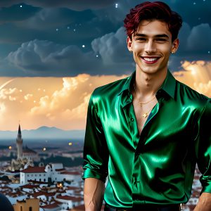 The Men of the Golden City is a collection of AI generated images of beautiful, glamorous, handsome guys in the heavens. The heavenly landscape evokes a sense of magnificence, the majestic gothic architecture, is detailed and crafted to create an atmosphere of reverence and divine glory. The mystical and galactic landscape highlights the golden city. The great detail of the city and the billowing clouds. A golden river flows from the city to the end of the galaxy. The vast galaxy almost covers the image. The stars and constellations sparkle in the galaxy. The city has massive, magnificent, majestic gothic architecture.