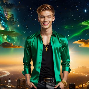The Men of the Golden City is a collection of AI generated images of beautiful, glamorous, handsome guys in the heavens. The heavenly landscape evokes a sense of magnificence, the majestic gothic architecture, is detailed and crafted to create an atmosphere of reverence and divine glory. The mystical and galactic landscape highlights the golden city. The great detail of the city and the billowing clouds. A golden river flows from the city to the end of the galaxy. The vast galaxy almost covers the image. The stars and constellations sparkle in the galaxy. The city has massive, magnificent, majestic gothic architecture.
