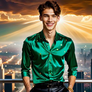 The Men of the Golden City is a collection of AI generated images of beautiful, glamorous, handsome guys in the heavens. The heavenly landscape evokes a sense of magnificence, the majestic gothic architecture, is detailed and crafted to create an atmosphere of reverence and divine glory. The mystical and galactic landscape highlights the golden city. The great detail of the city and the billowing clouds. A golden river flows from the city to the end of the galaxy. The vast galaxy almost covers the image. The stars and constellations sparkle in the galaxy. The city has massive, magnificent, majestic gothic architecture.