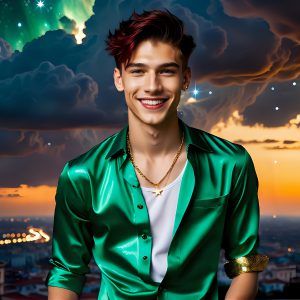 The Men of the Golden City is a collection of AI generated images of beautiful, glamorous, handsome guys in the heavens. The heavenly landscape evokes a sense of magnificence, the majestic gothic architecture, is detailed and crafted to create an atmosphere of reverence and divine glory. The mystical and galactic landscape highlights the golden city. The great detail of the city and the billowing clouds. A golden river flows from the city to the end of the galaxy. The vast galaxy almost covers the image. The stars and constellations sparkle in the galaxy. The city has massive, magnificent, majestic gothic architecture.