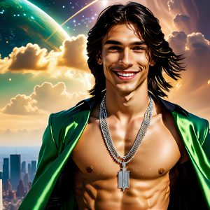 The Men of the Golden City is a collection of AI generated images of beautiful, glamorous, handsome guys in the heavens. The heavenly landscape evokes a sense of magnificence, the majestic gothic architecture, is detailed and crafted to create an atmosphere of reverence and divine glory. The mystical and galactic landscape highlights the golden city. The great detail of the city and the billowing clouds. A golden river flows from the city to the end of the galaxy. The vast galaxy almost covers the image. The stars and constellations sparkle in the galaxy. The city has massive, magnificent, majestic gothic architecture.