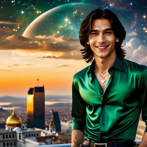 The Men of the Golden City is a collection of AI generated images of beautiful, glamorous, handsome guys in the heavens. The heavenly landscape evokes a sense of magnificence, the majestic gothic architecture, is detailed and crafted to create an atmosphere of reverence and divine glory. The mystical and galactic landscape highlights the golden city. The great detail of the city and the billowing clouds. A golden river flows from the city to the end of the galaxy. The vast galaxy almost covers the image. The stars and constellations sparkle in the galaxy. The city has massive, magnificent, majestic gothic architecture.