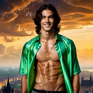 The Men of the Golden City is a collection of AI generated images of beautiful, glamorous, handsome guys in the heavens. The heavenly landscape evokes a sense of magnificence, the majestic gothic architecture, is detailed and crafted to create an atmosphere of reverence and divine glory. The mystical and galactic landscape highlights the golden city. The great detail of the city and the billowing clouds. A golden river flows from the city to the end of the galaxy. The vast galaxy almost covers the image. The stars and constellations sparkle in the galaxy. The city has massive, magnificent, majestic gothic architecture.