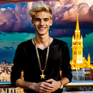 The Men of the Golden City is a collection of AI generated images of beautiful, glamorous, handsome guys in the heavens. The heavenly landscape evokes a sense of magnificence, the majestic gothic architecture, is detailed and crafted to create an atmosphere of reverence and divine glory. The mystical and galactic landscape highlights the golden city. The great detail of the city and the billowing clouds. A golden river flows from the city to the end of the galaxy. The vast galaxy almost covers the image. The stars and constellations sparkle in the galaxy. The city has massive, magnificent, majestic gothic architecture.