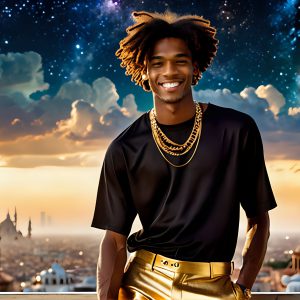 The Men of the Golden City is a collection of AI generated images of beautiful, glamorous, handsome guys in the heavens. The heavenly landscape evokes a sense of magnificence, the majestic gothic architecture, is detailed and crafted to create an atmosphere of reverence and divine glory. The mystical and galactic landscape highlights the golden city. The great detail of the city and the billowing clouds. A golden river flows from the city to the end of the galaxy. The vast galaxy almost covers the image. The stars and constellations sparkle in the galaxy. The city has massive, magnificent, majestic gothic architecture.