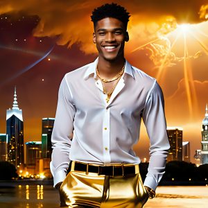 The Men of the Golden City is a collection of AI generated images of beautiful, glamorous, handsome guys in the heavens. The heavenly landscape evokes a sense of magnificence, the majestic gothic architecture, is detailed and crafted to create an atmosphere of reverence and divine glory. The mystical and galactic landscape highlights the golden city. The great detail of the city and the billowing clouds. A golden river flows from the city to the end of the galaxy. The vast galaxy almost covers the image. The stars and constellations sparkle in the galaxy. The city has massive, magnificent, majestic gothic architecture.