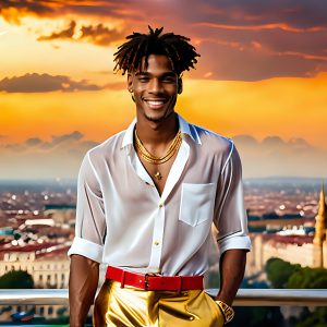 The Men of the Golden City is a collection of AI generated images of beautiful, glamorous, handsome guys in the heavens. The heavenly landscape evokes a sense of magnificence, the majestic gothic architecture, is detailed and crafted to create an atmosphere of reverence and divine glory. The mystical and galactic landscape highlights the golden city. The great detail of the city and the billowing clouds. A golden river flows from the city to the end of the galaxy. The vast galaxy almost covers the image. The stars and constellations sparkle in the galaxy. The city has massive, magnificent, majestic gothic architecture.