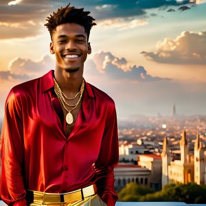 The Men of the Golden City is a collection of AI generated images of beautiful, glamorous, handsome guys in the heavens. The heavenly landscape evokes a sense of magnificence, the majestic gothic architecture, is detailed and crafted to create an atmosphere of reverence and divine glory. The mystical and galactic landscape highlights the golden city. The great detail of the city and the billowing clouds. A golden river flows from the city to the end of the galaxy. The vast galaxy almost covers the image. The stars and constellations sparkle in the galaxy. The city has massive, magnificent, majestic gothic architecture.