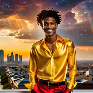 The Men of the Golden City is a collection of AI generated images of beautiful, glamorous, handsome guys in the heavens. The heavenly landscape evokes a sense of magnificence, the majestic gothic architecture, is detailed and crafted to create an atmosphere of reverence and divine glory. The mystical and galactic landscape highlights the golden city. The great detail of the city and the billowing clouds. A golden river flows from the city to the end of the galaxy. The vast galaxy almost covers the image. The stars and constellations sparkle in the galaxy. The city has massive, magnificent, majestic gothic architecture.