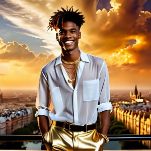 The Men of the Golden City is a collection of AI generated images of beautiful, glamorous, handsome guys in the heavens. The heavenly landscape evokes a sense of magnificence, the majestic gothic architecture, is detailed and crafted to create an atmosphere of reverence and divine glory. The mystical and galactic landscape highlights the golden city. The great detail of the city and the billowing clouds. A golden river flows from the city to the end of the galaxy. The vast galaxy almost covers the image. The stars and constellations sparkle in the galaxy. The city has massive, magnificent, majestic gothic architecture.