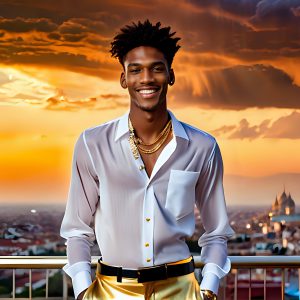 The Men of the Golden City is a collection of AI generated images of beautiful, glamorous, handsome guys in the heavens. The heavenly landscape evokes a sense of magnificence, the majestic gothic architecture, is detailed and crafted to create an atmosphere of reverence and divine glory. The mystical and galactic landscape highlights the golden city. The great detail of the city and the billowing clouds. A golden river flows from the city to the end of the galaxy. The vast galaxy almost covers the image. The stars and constellations sparkle in the galaxy. The city has massive, magnificent, majestic gothic architecture.