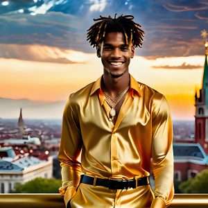 The Men of the Golden City is a collection of AI generated images of beautiful, glamorous, handsome guys in the heavens. The heavenly landscape evokes a sense of magnificence, the majestic gothic architecture, is detailed and crafted to create an atmosphere of reverence and divine glory. The mystical and galactic landscape highlights the golden city. The great detail of the city and the billowing clouds. A golden river flows from the city to the end of the galaxy. The vast galaxy almost covers the image. The stars and constellations sparkle in the galaxy. The city has massive, magnificent, majestic gothic architecture.