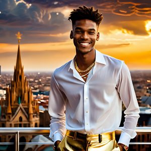 The Men of the Golden City is a collection of AI generated images of beautiful, glamorous, handsome guys in the heavens. The heavenly landscape evokes a sense of magnificence, the majestic gothic architecture, is detailed and crafted to create an atmosphere of reverence and divine glory. The mystical and galactic landscape highlights the golden city. The great detail of the city and the billowing clouds. A golden river flows from the city to the end of the galaxy. The vast galaxy almost covers the image. The stars and constellations sparkle in the galaxy. The city has massive, magnificent, majestic gothic architecture.