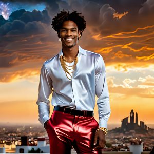 The Men of the Golden City is a collection of AI generated images of beautiful, glamorous, handsome guys in the heavens. The heavenly landscape evokes a sense of magnificence, the majestic gothic architecture, is detailed and crafted to create an atmosphere of reverence and divine glory. The mystical and galactic landscape highlights the golden city. The great detail of the city and the billowing clouds. A golden river flows from the city to the end of the galaxy. The vast galaxy almost covers the image. The stars and constellations sparkle in the galaxy. The city has massive, magnificent, majestic gothic architecture.