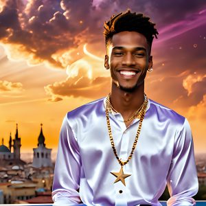 The Men of the Golden City is a collection of AI generated images of beautiful, glamorous, handsome guys in the heavens. The heavenly landscape evokes a sense of magnificence, the majestic gothic architecture, is detailed and crafted to create an atmosphere of reverence and divine glory. The mystical and galactic landscape highlights the golden city. The great detail of the city and the billowing clouds. A golden river flows from the city to the end of the galaxy. The vast galaxy almost covers the image. The stars and constellations sparkle in the galaxy. The city has massive, magnificent, majestic gothic architecture.