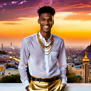 The Men of the Golden City is a collection of AI generated images of beautiful, glamorous, handsome guys in the heavens. The heavenly landscape evokes a sense of magnificence, the majestic gothic architecture, is detailed and crafted to create an atmosphere of reverence and divine glory. The mystical and galactic landscape highlights the golden city. The great detail of the city and the billowing clouds. A golden river flows from the city to the end of the galaxy. The vast galaxy almost covers the image. The stars and constellations sparkle in the galaxy. The city has massive, magnificent, majestic gothic architecture.