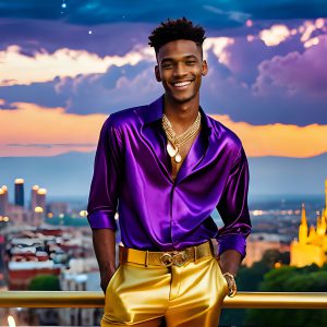 The Men of the Golden City is a collection of AI generated images of beautiful, glamorous, handsome guys in the heavens. The heavenly landscape evokes a sense of magnificence, the majestic gothic architecture, is detailed and crafted to create an atmosphere of reverence and divine glory. The mystical and galactic landscape highlights the golden city. The great detail of the city and the billowing clouds. A golden river flows from the city to the end of the galaxy. The vast galaxy almost covers the image. The stars and constellations sparkle in the galaxy. The city has massive, magnificent, majestic gothic architecture.