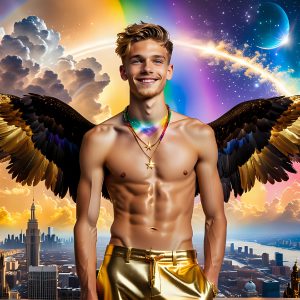 The Men of the Golden City is a collection of AI generated images of beautiful, glamorous, handsome guys in the heavens. The heavenly landscape evokes a sense of magnificence, the majestic gothic architecture, is detailed and crafted to create an atmosphere of reverence and divine glory. The mystical and galactic landscape highlights the golden city. The great detail of the city and the billowing clouds. A golden river flows from the city to the end of the galaxy. The vast galaxy almost covers the image. The stars and constellations sparkle in the galaxy. The city has massive, magnificent, majestic gothic architecture.