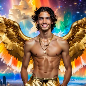 The Men of the Golden City is a collection of AI generated images of beautiful, glamorous, handsome guys in the heavens. The heavenly landscape evokes a sense of magnificence, the majestic gothic architecture, is detailed and crafted to create an atmosphere of reverence and divine glory. The mystical and galactic landscape highlights the golden city. The great detail of the city and the billowing clouds. A golden river flows from the city to the end of the galaxy. The vast galaxy almost covers the image. The stars and constellations sparkle in the galaxy. The city has massive, magnificent, majestic gothic architecture.
