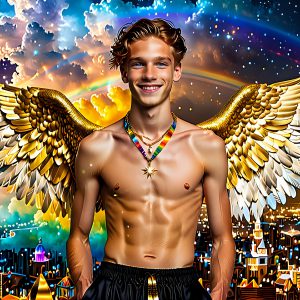 The Men of the Golden City is a collection of AI generated images of beautiful, glamorous, handsome guys in the heavens. The heavenly landscape evokes a sense of magnificence, the majestic gothic architecture, is detailed and crafted to create an atmosphere of reverence and divine glory. The mystical and galactic landscape highlights the golden city. The great detail of the city and the billowing clouds. A golden river flows from the city to the end of the galaxy. The vast galaxy almost covers the image. The stars and constellations sparkle in the galaxy. The city has massive, magnificent, majestic gothic architecture.