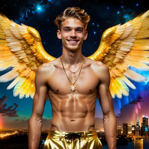 The Men of the Golden City is a collection of AI generated images of beautiful, glamorous, handsome guys in the heavens. The heavenly landscape evokes a sense of magnificence, the majestic gothic architecture, is detailed and crafted to create an atmosphere of reverence and divine glory. The mystical and galactic landscape highlights the golden city. The great detail of the city and the billowing clouds. A golden river flows from the city to the end of the galaxy. The vast galaxy almost covers the image. The stars and constellations sparkle in the galaxy. The city has massive, magnificent, majestic gothic architecture.