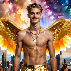 The Men of the Golden City is a collection of AI generated images of beautiful, glamorous, handsome guys in the heavens. The heavenly landscape evokes a sense of magnificence, the majestic gothic architecture, is detailed and crafted to create an atmosphere of reverence and divine glory. The mystical and galactic landscape highlights the golden city. The great detail of the city and the billowing clouds. A golden river flows from the city to the end of the galaxy. The vast galaxy almost covers the image. The stars and constellations sparkle in the galaxy. The city has massive, magnificent, majestic gothic architecture.