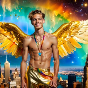 The Men of the Golden City is a collection of AI generated images of beautiful, glamorous, handsome guys in the heavens. The heavenly landscape evokes a sense of magnificence, the majestic gothic architecture, is detailed and crafted to create an atmosphere of reverence and divine glory. The mystical and galactic landscape highlights the golden city. The great detail of the city and the billowing clouds. A golden river flows from the city to the end of the galaxy. The vast galaxy almost covers the image. The stars and constellations sparkle in the galaxy. The city has massive, magnificent, majestic gothic architecture.