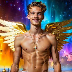The Men of the Golden City is a collection of AI generated images of beautiful, glamorous, handsome guys in the heavens. The heavenly landscape evokes a sense of magnificence, the majestic gothic architecture, is detailed and crafted to create an atmosphere of reverence and divine glory. The mystical and galactic landscape highlights the golden city. The great detail of the city and the billowing clouds. A golden river flows from the city to the end of the galaxy. The vast galaxy almost covers the image. The stars and constellations sparkle in the galaxy. The city has massive, magnificent, majestic gothic architecture.