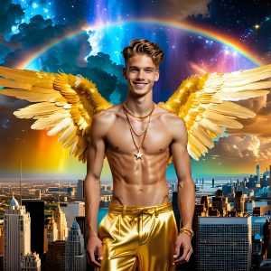 The Men of the Golden City is a collection of AI generated images of beautiful, glamorous, handsome guys in the heavens. The heavenly landscape evokes a sense of magnificence, the majestic gothic architecture, is detailed and crafted to create an atmosphere of reverence and divine glory. The mystical and galactic landscape highlights the golden city. The great detail of the city and the billowing clouds. A golden river flows from the city to the end of the galaxy. The vast galaxy almost covers the image. The stars and constellations sparkle in the galaxy. The city has massive, magnificent, majestic gothic architecture.