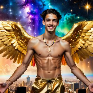 The Men of the Golden City is a collection of AI generated images of beautiful, glamorous, handsome guys in the heavens. The heavenly landscape evokes a sense of magnificence, the majestic gothic architecture, is detailed and crafted to create an atmosphere of reverence and divine glory. The mystical and galactic landscape highlights the golden city. The great detail of the city and the billowing clouds. A golden river flows from the city to the end of the galaxy. The vast galaxy almost covers the image. The stars and constellations sparkle in the galaxy. The city has massive, magnificent, majestic gothic architecture.