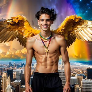 The Men of the Golden City is a collection of AI generated images of beautiful, glamorous, handsome guys in the heavens. The heavenly landscape evokes a sense of magnificence, the majestic gothic architecture, is detailed and crafted to create an atmosphere of reverence and divine glory. The mystical and galactic landscape highlights the golden city. The great detail of the city and the billowing clouds. A golden river flows from the city to the end of the galaxy. The vast galaxy almost covers the image. The stars and constellations sparkle in the galaxy. The city has massive, magnificent, majestic gothic architecture.