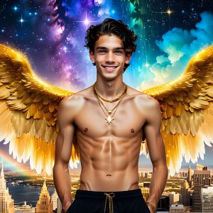The Men of the Golden City is a collection of AI generated images of beautiful, glamorous, handsome guys in the heavens. The heavenly landscape evokes a sense of magnificence, the majestic gothic architecture, is detailed and crafted to create an atmosphere of reverence and divine glory. The mystical and galactic landscape highlights the golden city. The great detail of the city and the billowing clouds. A golden river flows from the city to the end of the galaxy. The vast galaxy almost covers the image. The stars and constellations sparkle in the galaxy. The city has massive, magnificent, majestic gothic architecture.