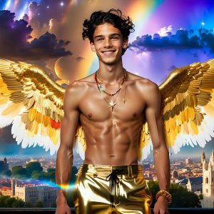 The Men of the Golden City is a collection of AI generated images of beautiful, glamorous, handsome guys in the heavens. The heavenly landscape evokes a sense of magnificence, the majestic gothic architecture, is detailed and crafted to create an atmosphere of reverence and divine glory. The mystical and galactic landscape highlights the golden city. The great detail of the city and the billowing clouds. A golden river flows from the city to the end of the galaxy. The vast galaxy almost covers the image. The stars and constellations sparkle in the galaxy. The city has massive, magnificent, majestic gothic architecture.