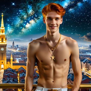 The Men of the Golden City is a collection of AI generated images of beautiful, glamorous, handsome guys in the heavens. The heavenly landscape evokes a sense of magnificence, the majestic gothic architecture, is detailed and crafted to create an atmosphere of reverence and divine glory. The mystical and galactic landscape highlights the golden city. The great detail of the city and the billowing clouds. A golden river flows from the city to the end of the galaxy. The vast galaxy almost covers the image. The stars and constellations sparkle in the galaxy. The city has massive, magnificent, majestic gothic architecture.