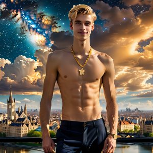 The Men of the Golden City is a collection of AI generated images of beautiful, glamorous, handsome guys in the heavens. The heavenly landscape evokes a sense of magnificence, the majestic gothic architecture, is detailed and crafted to create an atmosphere of reverence and divine glory. The mystical and galactic landscape highlights the golden city. The great detail of the city and the billowing clouds. A golden river flows from the city to the end of the galaxy. The vast galaxy almost covers the image. The stars and constellations sparkle in the galaxy. The city has massive, magnificent, majestic gothic architecture.
