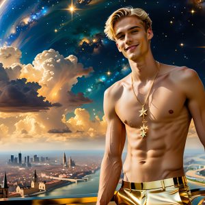 The Men of the Golden City is a collection of AI generated images of beautiful, glamorous, handsome guys in the heavens. The heavenly landscape evokes a sense of magnificence, the majestic gothic architecture, is detailed and crafted to create an atmosphere of reverence and divine glory. The mystical and galactic landscape highlights the golden city. The great detail of the city and the billowing clouds. A golden river flows from the city to the end of the galaxy. The vast galaxy almost covers the image. The stars and constellations sparkle in the galaxy. The city has massive, magnificent, majestic gothic architecture.