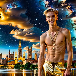 The Men of the Golden City is a collection of AI generated images of beautiful, glamorous, handsome guys in the heavens. The heavenly landscape evokes a sense of magnificence, the majestic gothic architecture, is detailed and crafted to create an atmosphere of reverence and divine glory. The mystical and galactic landscape highlights the golden city. The great detail of the city and the billowing clouds. A golden river flows from the city to the end of the galaxy. The vast galaxy almost covers the image. The stars and constellations sparkle in the galaxy. The city has massive, magnificent, majestic gothic architecture.