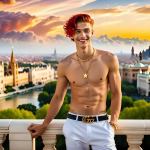 The Men of the Golden City is a collection of AI generated images of beautiful, glamorous, handsome guys in the heavens. The heavenly landscape evokes a sense of magnificence, the majestic gothic architecture, is detailed and crafted to create an atmosphere of reverence and divine glory. The mystical and galactic landscape highlights the golden city. The great detail of the city and the billowing clouds. A golden river flows from the city to the end of the galaxy. The vast galaxy almost covers the image. The stars and constellations sparkle in the galaxy. The city has massive, magnificent, majestic gothic architecture.