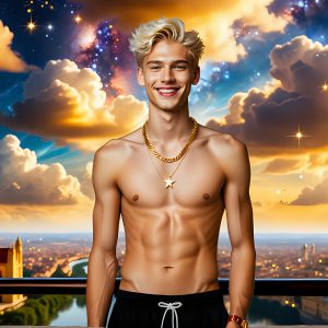 The Men of the Golden City is a collection of AI generated images of beautiful, glamorous, handsome guys in the heavens. The heavenly landscape evokes a sense of magnificence, the majestic gothic architecture, is detailed and crafted to create an atmosphere of reverence and divine glory. The mystical and galactic landscape highlights the golden city. The great detail of the city and the billowing clouds. A golden river flows from the city to the end of the galaxy. The vast galaxy almost covers the image. The stars and constellations sparkle in the galaxy. The city has massive, magnificent, majestic gothic architecture.