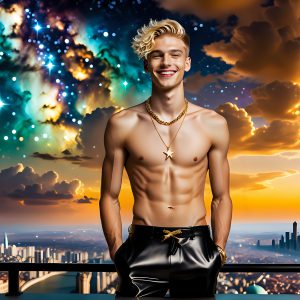 The Men of the Golden City is a collection of AI generated images of beautiful, glamorous, handsome guys in the heavens. The heavenly landscape evokes a sense of magnificence, the majestic gothic architecture, is detailed and crafted to create an atmosphere of reverence and divine glory. The mystical and galactic landscape highlights the golden city. The great detail of the city and the billowing clouds. A golden river flows from the city to the end of the galaxy. The vast galaxy almost covers the image. The stars and constellations sparkle in the galaxy. The city has massive, magnificent, majestic gothic architecture.