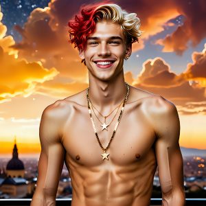 The Men of the Golden City is a collection of AI generated images of beautiful, glamorous, handsome guys in the heavens. The heavenly landscape evokes a sense of magnificence, the majestic gothic architecture, is detailed and crafted to create an atmosphere of reverence and divine glory. The mystical and galactic landscape highlights the golden city. The great detail of the city and the billowing clouds. A golden river flows from the city to the end of the galaxy. The vast galaxy almost covers the image. The stars and constellations sparkle in the galaxy. The city has massive, magnificent, majestic gothic architecture.