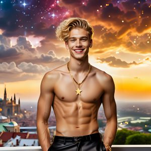 The Men of the Golden City is a collection of AI generated images of beautiful, glamorous, handsome guys in the heavens. The heavenly landscape evokes a sense of magnificence, the majestic gothic architecture, is detailed and crafted to create an atmosphere of reverence and divine glory. The mystical and galactic landscape highlights the golden city. The great detail of the city and the billowing clouds. A golden river flows from the city to the end of the galaxy. The vast galaxy almost covers the image. The stars and constellations sparkle in the galaxy. The city has massive, magnificent, majestic gothic architecture.