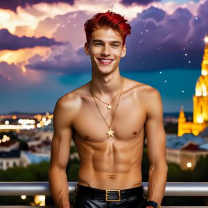 The Men of the Golden City is a collection of AI generated images of beautiful, glamorous, handsome guys in the heavens. The heavenly landscape evokes a sense of magnificence, the majestic gothic architecture, is detailed and crafted to create an atmosphere of reverence and divine glory. The mystical and galactic landscape highlights the golden city. The great detail of the city and the billowing clouds. A golden river flows from the city to the end of the galaxy. The vast galaxy almost covers the image. The stars and constellations sparkle in the galaxy. The city has massive, magnificent, majestic gothic architecture.