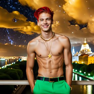 The Men of the Golden City is a collection of AI generated images of beautiful, glamorous, handsome guys in the heavens. The heavenly landscape evokes a sense of magnificence, the majestic gothic architecture, is detailed and crafted to create an atmosphere of reverence and divine glory. The mystical and galactic landscape highlights the golden city. The great detail of the city and the billowing clouds. A golden river flows from the city to the end of the galaxy. The vast galaxy almost covers the image. The stars and constellations sparkle in the galaxy. The city has massive, magnificent, majestic gothic architecture.