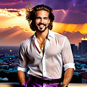 The Men of the Golden City is a collection of AI generated images of beautiful, glamorous, handsome guys in the heavens. The heavenly landscape evokes a sense of magnificence, the majestic gothic architecture, is detailed and crafted to create an atmosphere of reverence and divine glory. The mystical and galactic landscape highlights the golden city. The great detail of the city and the billowing clouds. A golden river flows from the city to the end of the galaxy. The vast galaxy almost covers the image. The stars and constellations sparkle in the galaxy. The city has massive, magnificent, majestic gothic architecture.