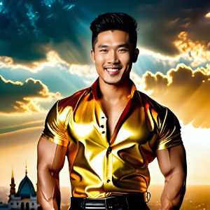 The Men of the Golden City is a collection of AI generated images of beautiful, glamorous, handsome guys in the heavens. The heavenly landscape evokes a sense of magnificence, the majestic gothic architecture, is detailed and crafted to create an atmosphere of reverence and divine glory. The mystical and galactic landscape highlights the golden city. The great detail of the city and the billowing clouds. A golden river flows from the city to the end of the galaxy. The vast galaxy almost covers the image. The stars and constellations sparkle in the galaxy. The city has massive, magnificent, majestic gothic architecture.
