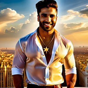 The Men of the Golden City is a collection of AI generated images of beautiful, glamorous, handsome guys in the heavens. The heavenly landscape evokes a sense of magnificence, the majestic gothic architecture, is detailed and crafted to create an atmosphere of reverence and divine glory. The mystical and galactic landscape highlights the golden city. The great detail of the city and the billowing clouds. A golden river flows from the city to the end of the galaxy. The vast galaxy almost covers the image. The stars and constellations sparkle in the galaxy. The city has massive, magnificent, majestic gothic architecture.